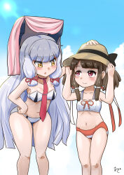  2girls adapted_costume akashieru bikini blue_sky blunt_bangs blunt_tresses brown_hair brown_hat cloud feet_out_of_frame floating_headgear grey_hair hair_ribbon hat headgear highres kantai_collection kurahashi_(kancolle) long_hair medium_hair mismatched_bikini multiple_girls murakumo_(kancolle) murakumo_kai_ni_(kancolle) necktie orange_eyes pink_towel red_eyes red_necktie ribbon sky smile sun_hat swimsuit tress_ribbon twintails white_bikini 