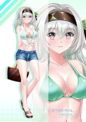  absurdres arms_behind_back bare_legs bare_shoulders bikini black_hairband collarbone commentary_request denim denim_shorts female firefly_(honkai:_star_rail) green_bikini grey_hair hairband highres honkai:_star_rail honkai_(series) long_hair looking_at_viewer navel sandals see-through see-through_shirt sefilom shirt short_shorts shorts sleeveless sleeveless_shirt smile standing stomach swimsuit thighs white_shirt zoom_layer 