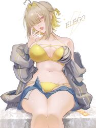  absurdres asagi_12_457 blonde_hair blue_shorts character_name denim denim_shorts elegg_(nikke) female goddess_of_victory:_nikke hair_intakes hair_over_eyes hair_over_one_eye highres jacket nail_polish navel open_fly plump purple_eyes shorts solo yellow_nails 