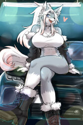  2:3 anthro blue_eyes boots breasts canid canine canis car clothing female footwear hair heart_symbol hi_res looking_at_viewer mammal okami_bark on_car ookamiwaho ponytail shirt shoes smile smiling_at_viewer solo tank_top topwear vehicle wolf 