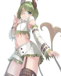  atsushima belt blue_eyes breasts brown_belt brown_horns brown_thighhighs closed_mouth commentary_request cowboy_shot crop_top demon_girl demon_horns demon_tail detached_sleeves eyepatch female frilled_shorts frills from_below garter_straps green_hair green_necktie honey_strap horns looking_at_viewer medium_bangs medium_breasts midriff nanashi_inc. navel necktie sekishiro_mico shirt short_hair shorts simple_background sleeve_belt smile solo tail thighhighs underboob virtual_youtuber white_shirt white_shorts 