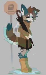  ambiguous_gender anthro boots bottomwear bus_stop_sign canid canine canis closed_eyes clothing domestic_dog footwear hi_res jacket mammal rueghost shoes skirt solo standing topwear umbrella 