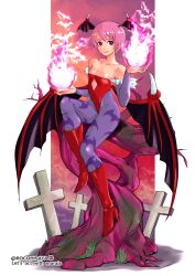  animal_print artist_name bare_shoulders bat_print boots cross demon_girl english_text female fire flat_chest head_wings high_heel_boots high_heels highres leotard lilith_aensland pantyhose pink_fire pink_hair print_pantyhose red_eyes red_footwear red_leotard rocohisaya short_hair smile solo vampire_(game) wings 