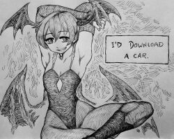  armpits chronozbergh collarbone female flat_chest greyscale grin head_wings highres leotard lilith_aensland meme monochrome pantyhose short_hair sitting smile solo teeth vampire_(game) wings you_wouldn&#039;t_download_a_car_(meme) 