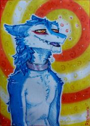  0ct0m0n0 anthro arm_tuft blue_body blue_fur bodily_fluids cheek_tuft chest_tuft drooling facial_tuft fur half-length_portrait hypnosis male markus_(dowantanaccount) mind_control narrowed_eyes open_mouth orange_eyes portrait purple_tongue ringed_eyes saliva sergal shoulder_tuft signature solo tongue tongue_out tuft white_body white_fur yellow_eyes 