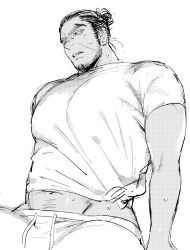  1boy bara beard_stubble belly cowboy_shot dark-skinned_male dark_skin facial_hair golden_kamuy large_pectorals long_sideburns male_focus mature_male midriff_peek muscular muscular_male navel_peek parted_lips pectorals plump rikimatsu_ariko saida_nika short_hair sideburns solo stubble sweat thick_eyebrows 