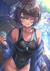  absent absurdres black_hair blue_eyes blue_jacket blue_whistle clothes_writing competition_swimsuit covered_navel cowboy_shot female highleg highleg_one-piece_swimsuit highres holding hololive jacket jacket_on_shoulders looking_at_viewer one-piece_swimsuit one_eye_closed oozora_subaru short_hair smile solo stopwatch swept_bangs swimsuit virtual_youtuber whistle whistle_around_neck 