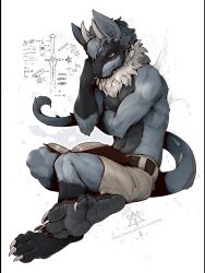  2024 anthro black_body black_pawpads black_scales blue_body blue_fur book bottomwear claws clothed clothing dewclaw drackal feet foot_focus full_pad fur generation_4_pokemon hi_res horn hybrid kobold kredri lost_in_chaos_scar male neck_tuft nintendo orange_eyes pawpads paws pokemon pokemon_(species) riolu scales scaly_pawpads shirtless shorts shorts_only sitting squirrel_(lost_in_chaos) squirrel_(razim) studying tail tail_spines tan_body tan_fur toe_claws topless tuft wings 