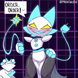  1:1 animal_humanoid anthro blush blush_stickers clothed clothing deltarune dialogue duo english_text felid felid_humanoid female geometric_background grid_background hand_on_hip hi_res holding_object holding_whip humanoid machine mammal mammal_humanoid mocho4266 no_pupils open_mouth owo pattern_background robot simple_background speech_bubble tasque tasque_manager text undertale_(series) whip wide_hips 