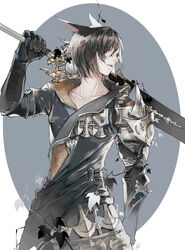  1other androgynous animal_ears arm_at_side armor asymmetrical_clothes bangs black_hair cat_ears coat collarbone dark_knight_(final_fantasy) final_fantasy final_fantasy_xiv gloves greatsword hand_up holding holding_sword holding_weapon hug_ff14 leaf lips long_sleeves looking_to_the_side miqo&#039;te over_shoulder parted_lips plant short_hair shoulder_armor spaulders sword upper_body vines weapon weapon_over_shoulder 