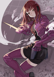  absurdres boots closed_mouth dated elbow_gloves female gloves gun handgun high_collar highres holster katori_squad&#039;s_uniform katori_youko long_hair looking_at_viewer nao_(syn_eaa) red_hair short_sleeves shorts signature skindentation smoke solo thigh_boots thighhighs weapon world_trigger yellow_eyes 