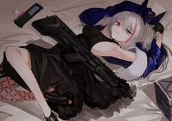  armpits breasts commentary desert_tech_mdr dress female fishnet_legwear fishnets girls&#039;_frontline gloves gun hair_ribbon heterochromia highres jaaku_(ra_9rara) looking_at_viewer mdr_(cocktail_observer)_(girls&#039;_frontline) mdr_(girls&#039;_frontline) multicolored_hair official_alternate_costume on_bed phone ribbon sideboob smile solo streaked_hair weapon white_hair 