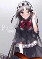  akiyama_mio bass_guitar black_dress blue_eyes blush bow character_name dress female fuwafuwa_time grey_background hand_up instrument k-on! long_hair looking_at_viewer maid_headdress nyanya parted_bangs red_bow solo standing twitter_username very_long_hair 