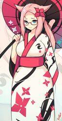  animal_humanoid asian_clothing breasts cat_humanoid clothing east_asian_clothing eyewear felid felid_humanoid feline feline_humanoid female glasses hair hi_res humanoid japanese_clothing kimono mammal mammal_humanoid oil-paper_umbrella pink_hair probablynoon solo umbrella zoom_layer 