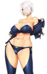  abs angel_(kof) birthday bra breasts chaps cleavage commentary_request cropped_jacket curvy female fingerless_gloves gloves groin hair_over_one_eye happy_birthday highres jacket large_breasts leather midriff navel panties signature snk solo st.germain-sal strapless strapless_bra the_king_of_fighters toned underwear white_hair 