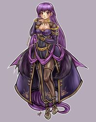  absurdly_long_hair absurdres blush braid breasts cape cleavage cloak commission commissioner_upload cosplay dress female fire_emblem fire_emblem:_the_binding_blade fire_emblem_heroes highres holding long_hair medium_breasts pantyhose purple_eyes purple_hair simple_background solo sophia_(fire_emblem) tharja_(bridal)_(fire_emblem) tharja_(fire_emblem) tharja_(fire_emblem)_(cosplay) thaumana very_long_hair 