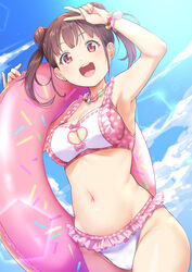  :d arm_up armpits bangs bare_arms bare_hips bare_shoulders bikini blue_sky blush bracelet breasts brown_hair cleavage cleavage_cutout commentary_request cowboy_shot day double_bun eyebrows_visible_through_hair female food food_themed_clothes frilled_bikini frills groin highres idolmaster idolmaster_shiny_colors innertube jewelry kanabun lens_flare looking_at_viewer macaron medium_breasts navel necklace open_mouth outdoors polka_dot polka_dot_bikini red_eyes round_teeth short_hair short_twintails sky smile solo sonoda_chiyoko stomach sunlight swimsuit teeth twintails upper_teeth v white_bikini 