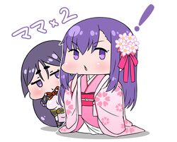  ! 2girls behind_another chibi commentary fate/grand_order fate_(series) floral_print flower hair_flower hair_ornament hair_ribbon highres japanese_clothes kasuga_no_tsubone_(fate) kimono long_hair matou_sakura minamoto_no_raikou_(fate) multiple_girls obi parvati_(fate) pelvic_curtain pink_flower pink_kimono pink_ribbon purple_eyes purple_hair rei_(rei_rr) ribbon sash star-shaped_pupils star_(symbol) symbol-shaped_pupils translated very_long_hair 