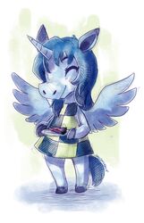  2015 absurd_res alicorn animal_crossing anthro blue_body blue_hair blue_wings clothing equid equine female food fruit hair hi_res hooves horn mammal melon mythological_creature mythological_equine mythology nintendo plant plate simple_background solo spacesmilodon watermelon watermelon_slice white_body wings winter_(alicorn) 