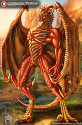  anthro belly_scales big_legs clark claws desert detailed detailed_background digital_drawing_(artwork) digital_media_(artwork) dragon drakaar english_text full-length_portrait gem hi_res horn light lighting male muscular muscular_anthro muscular_legs muscular_male mythological_creature mythological_scalie mythology nude patreon patreon_logo portrait red_body red_scales reptile ruby_(gem) scales scalie shaded signature smile solo tail text unusual_anatomy url watermark wings 