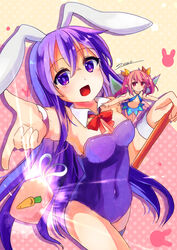  2girls :d amulet animal_ears bare_shoulders bow bowtie breasts cleavage commentary_request detached_collar erina_(rabi-ribi) fairy fairy_wings foreshortening glowing hair_between_eyes hair_ribbon highres leotard long_hair looking_at_viewer losno medium_breasts mini_person minigirl multiple_girls open_mouth outstretched_arm pink_background pink_hair playboy_bunny pointy_ears polka_dot polka_dot_background purple_eyes purple_hair purple_leotard rabbit_ears rabi-ribi red_bow red_bowtie red_eyes ribbon ribbon_(rabi-ribi) signature simple_background smile twintails two-tone_background very_long_hair wings yellow_background yellow_ribbon 