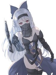  bad_id bad_twitter_id bare_shoulders black_choker bow breasts choker cleavage commentary_request elbow_gloves female gauntlets girls&#039;_frontline gloves gun hairband hairbow handgun highres holding holding_gun holding_weapon knife long_hair mouth_veil official_alternate_costume red_eyes sidelocks simple_background small_breasts solo take_(trude1945oneetyan) tokarev_(girls&#039;_frontline) tokarev_(griffin&#039;s_dancer)_(girls&#039;_frontline) veil very_long_hair weapon white_background white_hair 