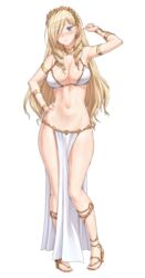  bikini blonde_hair blue_eyes breasts celia_kumani_entory closed_mouth dancer drill_hair eyes_visible_through_hair female full_body hair_over_one_eye hand_on_own_hip hand_up high_heels highres large_breasts long_hair navel pelvic_curtain sandals sarhce simple_background smile solo standing swimsuit twin_drills walkure_romanze white_background white_bikini 