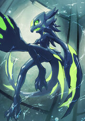  absurd_res anthro big_claws breasts claws dragon feet female gills glowing glowing_eyes goo_creature green_eyes hi_res marine membrane_(anatomy) mythological_creature mythological_scalie mythology non-mammal_breasts open_mouth scalie shizumi_tsubasa small_breasts solo spines swimming symbiote tail toes underwater water webbed_feet webbed_hands 