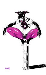  absurdres biceps black_gloves black_hair blunt_bangs breasts chinese_clothes commentary dudou female full_body gloves grin hair_horns half-pencil halterneck highres juri_han leggings looking_at_viewer midriff navel open_mouth purple_eyes purple_leggings simple_background smile solo spread_legs squatting street_fighter street_fighter_iv_(series) teeth toeless_legwear toes toned tongue white_background 