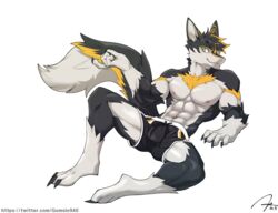  absurd_res alpha_channel anthro black_body black_fur blue_eyes canid canine canis claws clothing digitigrade fur gomsin940 hi_res male mammal muscular muscular_anthro muscular_male navel nipples paws signature solo tail text underwear url vortiganshine white_body wolf yellow_eyes 