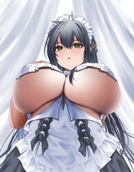  apron azur_lane between_breasts black_hair black_skirt breasts covered_nipples female frilled_apron frills from_below green_eyes hair_between_eyes hair_over_breasts hair_over_one_breast hand_on_own_chest haru_(hr_works) highres huge_breasts indomitable_(azur_lane) indomitable_(ms._motivationless_maid)_(azur_lane) long_hair looking_at_viewer looking_down maid maid_headdress miniskirt official_alternate_costume pleated_skirt simple_background skirt solo underboob very_long_hair waist_apron white_apron white_background 