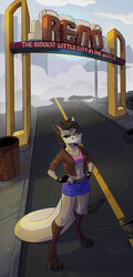  absurd_res anastasia_apokalipto_(artist) anthro bottomwear brown_body brown_fur brown_hair brown_scales canid canine canis clothing coyote fallout fangs female fur gloves grey_eyes hair hand_on_hip handwear heterochromia hi_res hybrid jacket looking_at_viewer mammal microsoft night_stalker_(fallout) night_stalker_girl_(wuzy2121) pit_viper post-apocalyptic rattle_(anatomy) rattlesnake reptile road scales scalie shirt shorts smile smiling_at_viewer snake solo standing teeth teeth_showing topwear viper yellow_eyes 