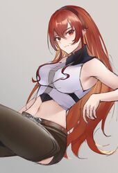  aged_up ahoge armpits black_shorts blush breasts brown_hairband chaps cowboy_shot crop_top eris_greyrat female hair_between_eyes hairband highres leaning_back long_hair looking_at_viewer medium_breasts midriff mushoku_tensei navel rausu_(undeadmachine) red_eyes red_hair shirt short_shorts shorts sidelocks sitting sleeveless sleeveless_shirt solo very_long_hair white_shirt 