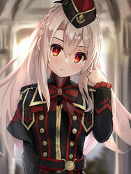  blush breasts commentary cosplay fate/grand_order fate/kaleid_liner_prisma_illya fate_(series) female garrison_cap hair_between_eyes hat illyasviel_von_einzbern kriemhild_(fate) kriemhild_(fate)_(cosplay) kriemhild_(second_ascension)_(fate) long_hair looking_at_viewer pan_korokorosuke red_eyes sidelocks small_breasts solo white_hair 