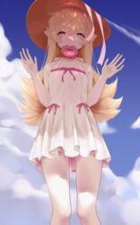  absurdres blonde_hair blue_sky cloud doughnut dress female flat_chest food food_in_mouth hat highres long_hair looking_at_viewer monogatari_(series) oshino_shinobu short_dress sky sleeveless sleeveless_dress smile solo sun_hat thighs waytok white_dress yellow_eyes 