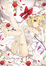  ;) ass bare_shoulders bed_sheet blonde_hair bow choker collarbone commentary crystal dress elbow_gloves feet female flan_(seeyouflan) flandre_scarlet flower foot_focus full_body garter_straps gloves hair_between_eyes hair_flower hair_ornament hand_up hat hat_bow highres legs legs_up long_hair looking_at_viewer lying mob_cap no_shoes on_back one_eye_closed one_side_up panties petals photoshop_(medium) pillow red_bow red_eyes red_flower red_rose ribbon ribbon_choker rose rose_petals smile soles solo strapless strapless_dress symbol-only_commentary thighhighs thighs toes touhou underwear white_bow white_choker white_dress white_flower white_gloves white_hat white_panties white_ribbon white_rose white_thighhighs wings 