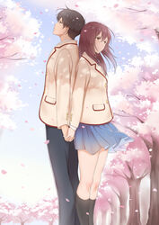  1boy back-to-back black_eyes black_hair black_legwear black_pants blue_skirt brown_eyes brown_hair cherry_blossoms coat couple derivative_work female holding_hands kimi_no_suizou_wo_tabetai kinhasu long_hair outdoors pants school_uniform shiga_haruki short_hair skirt straight tree yamauchi_sakura yellow_coat 