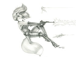  2021 anthro baron_engel belt blaster boots bottomwear breasts canid canine clothing dipstick_ears dipstick_tail ear_markings energy_weapon female footwear fox full-length_portrait gloves graphite_(artwork) greyscale group gun hair handgun handwear high_heeled_boots high_heels holster luger mammal markings monochrome multicolored_ears multicolored_tail open_mouth pants pencil_(artwork) pistol portrait ranged_weapon shooting side_view solo_focus tail tail_markings traditional_media_(artwork) vipera_vixen_(baron_engel) weapon 