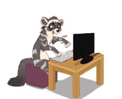  2021 animated blue_eyes computer cooper_mordaut domestic_ferret electronics eyewear eyewear_only frame_by_frame fur furniture glasses glasses_only keyboard male mammal monitor mustelid musteline nude pawpads short_playtime sitting solo table tongue tongue_out true_musteline tuwka typing wearing_glasses weasel 