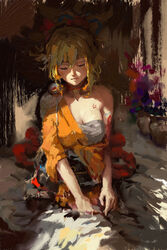  absurdres arm_tattoo bandages blonde_hair breasts butterfly_choker chest_sarashi chest_tattoo choker cleavage closed_eyes female flower_tattoo genshin_impact hadanugi_dousa hair_between_eyes hair_ornament highres japanese_clothes kimono orange_kimono painterly ponytail ravine_bells red_choker rope sarashi shimenawa smile solo tattoo yoimiya_(genshin_impact) 