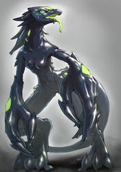  absurd_res after_transformation anthro big_claws breasts claws digitigrade dragon female glowing glowing_eyes goo_creature goo_transformation green_eyes hi_res mythological_creature mythological_scalie mythology navel open_mouth scalie shizumi_tsubasa small_breasts solo spines standing symbiote tail tongue tongue_out transformation 