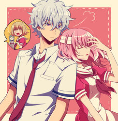  1boy 3girls ^^^ bandaged_head bandages blue_hair border brown_cardigan brown_hair buttons cardigan closed_eyes commentary_request dotted_line dress flipped_hair flower frown glasses hair_flower hair_ornament hand_on_own_face hand_up head_on_another&#039;s_shoulder highres hiiragi_nana leaning leaning_on_person long_hair loose_hair_strand maezono_sachiko multicolored_hair multiple_girls munou_na_nana neckerchief necktie onodera_kyouya orange_background parted_bangs pink_background pink_hair puff_of_air purple_eyes red_dress red_necktie sanpaku school_uniform shimizu_kiyomi shirt short_sleeves simple_background sweat twintails two-tone_hair upper_body white_flower white_hair white_shirt yellow_eyes yukisa 