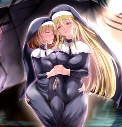  2girls after_kiss andrew_(duel_angel) blonde_hair blush breast_press breasts brown_hair commentary duel_monster exosister_elis exosister_stella eyes_visible_through_hair gloves green_eyes hand_on_another&#039;s_hip height_difference highres holding_hands large_breasts long_hair looking_at_another medium_breasts multiple_girls nun orange_eyes saliva saliva_trail symmetrical_docking traditional_nun white_gloves yu-gi-oh! yuri 