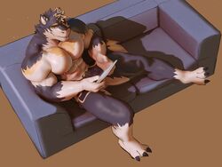  absurd_res anthro canid canine canis clothing digitigrade episode0006 fur furniture hi_res male mammal muscular muscular_anthro muscular_male nipples pecs sofa solo underwear vortiganshine wolf 