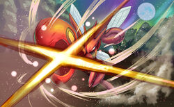  absurdres attack claws commentary_request highres moon night no_humans outdoors photoshop_(medium) pokemon pokemon_(creature) saikoraru scizor smoke solo tree yellow_eyes 