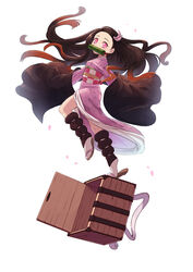  artist_name asa_no_ha_(pattern) bamboo bit_gag black_hair box brown_footwear brown_hair checkered_sash commentary coula_cat fading female forehead gag hair_ribbon haori highres japanese_clothes jumping kamado_nezuko kimetsu_no_yaiba kimono leg_up leg_wrap long_hair long_sleeves looking_at_viewer mouth_hold multicolored_hair obi off-shoulder_shirt off_shoulder petals photoshop_(medium) pink_eyes pink_kimono pink_ribbon red_hair ribbon sandals sash shirt solo tabi twitter_username two-tone_hair very_long_hair white_background white_legwear 