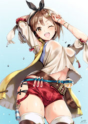  arms_up atelier_(series) atelier_ryza atelier_ryza_1 ayakawa_riku belt blue_background blush breasts brown_eyes brown_hair cowboy_shot female flask hair_ornament hairclip jacket large_breasts looking_at_viewer navel one_eye_closed open_mouth red_shorts reisalin_stout round-bottom_flask shirt short_hair short_shorts shorts signature sleeveless sleeveless_jacket smile solo thighhighs thighs water_drop white_headwear white_shirt yellow_jacket 