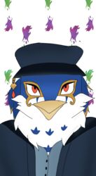  anthro avian beak bird blue_body blue_feathers bust_portrait clothed clothing digital_media_(artwork) falcon falconid feathers hat headgear headwear hi_res horus_(tas) iampaperwolf lifewonders looking_at_viewer male portrait solo tokyo_afterschool_summoners topwear white_body white_feathers 