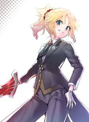  black_jacket black_necktie black_pants blonde_hair blush braid breasts clarent_(fate) commentary_request fate/apocrypha fate_(series) female gloves green_eyes hair_ornament hair_scrunchie highres holding holding_sword holding_weapon jacket long_hair long_sleeves looking_at_viewer mordred_(fate) mordred_(fate/apocrypha) mordred_(formal_dress)_(fate) mozu_(peth) necktie pants ponytail red_scrunchie scrunchie shirt smile solo sword weapon white_gloves white_shirt 