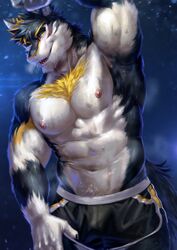  absurd_res anthro armpit_hair bodily_fluids body_hair canid canine canis clothing fur hi_res male mammal muscular muscular_anthro muscular_male navel nipples nviek5 solo sweat underwear vortiganshine wolf 